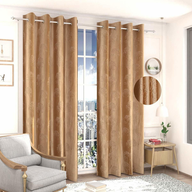 Brand Roots 274 cm (9 ft) Long Door Polycotton Room Darkening Curtain (Pack Of 2)(Golden, Embroidered)