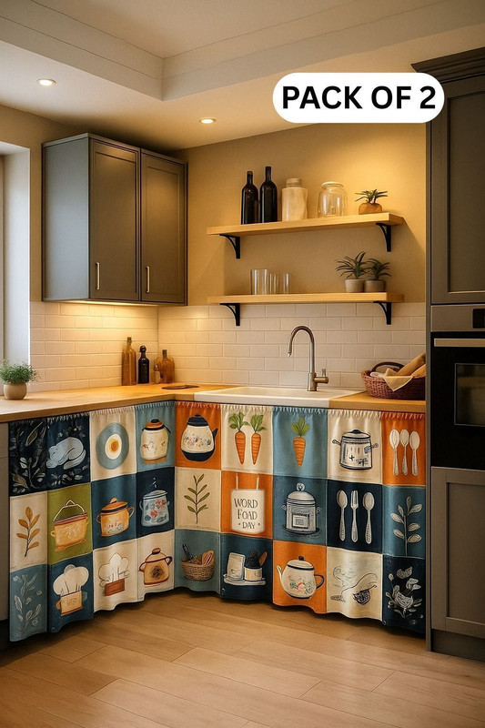 QSTED 150 cm (5 ft) Kitchen Sink Polyester Blackout Curtain (Pack Of 2)(Kitli, Printed)