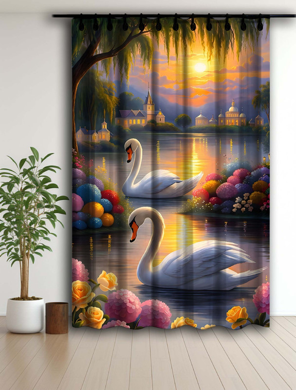 VANIYAACOLLECTION 213 cm (7 ft) Door Polyester Room Darkening Curtain Single Curtain(Swan Sunset Lake, Floral, Printed)