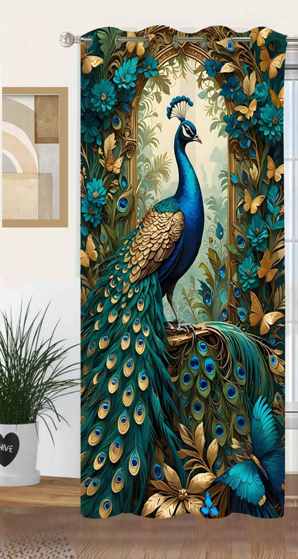 VANIYAACOLLECTION 152 cm (5 ft) Window Polyester Room Darkening Curtain Single Curtain(Royal Peacock, Floral)
