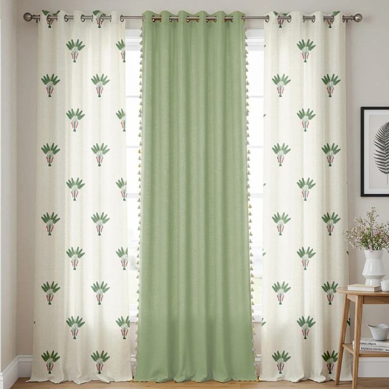 Urban Space 213 cm (7 ft) Door Cotton Room Darkening Curtain (Pack Of 3)(Cream, Sage Green, Printed)