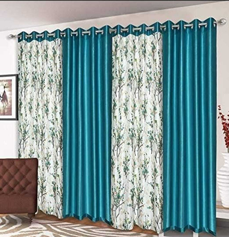 AH-DECOR 213 cm (7 ft) Door Polyester Room Darkening Curtain (Pack Of 4)(Aqua, Floral, Plain)