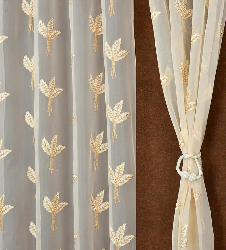 SHARAN CREATIONS 152 cm (5 ft) Window Polyester, Tissue Transparent Curtain (Pack Of 2)(Cream Leaf, Floral, Embroidered)