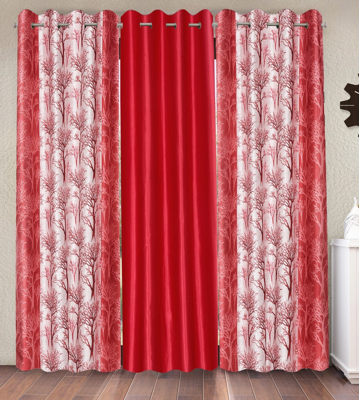 Fashion String 274 cm (9 ft) Long Door Polyester Semi Transparent Curtain (Pack Of 3)(Maroon, Printed)