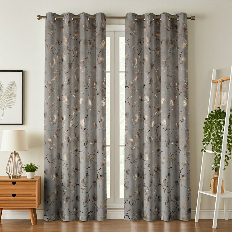 Hanu Craft 153 cm (5 ft) Window Velvet Room Darkening Curtain (Pack Of 2)(Grey, Printed, Floral)