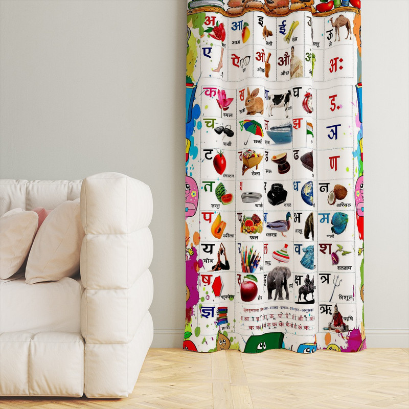 DECOMIZER 214 cm (7 ft) Door Polyester Room Darkening Curtain Single Curtain(White HindiABC, Cartoon)