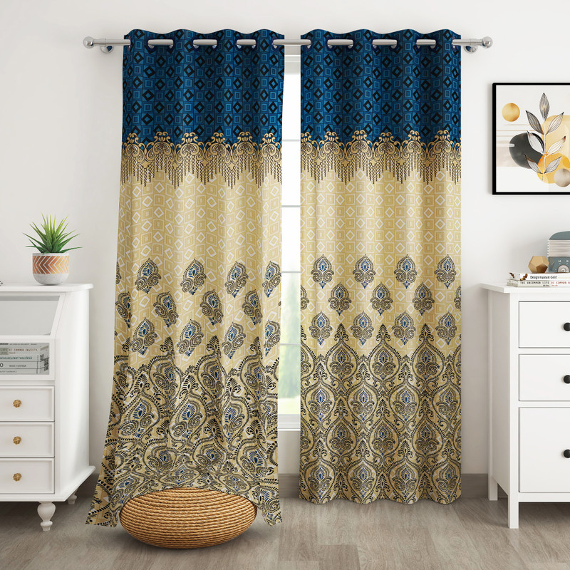 Story@home 275 cm (9 ft) Long Door Polyester Semi Transparent Curtain (Pack Of 2)(Blue, Ivory, Printed)