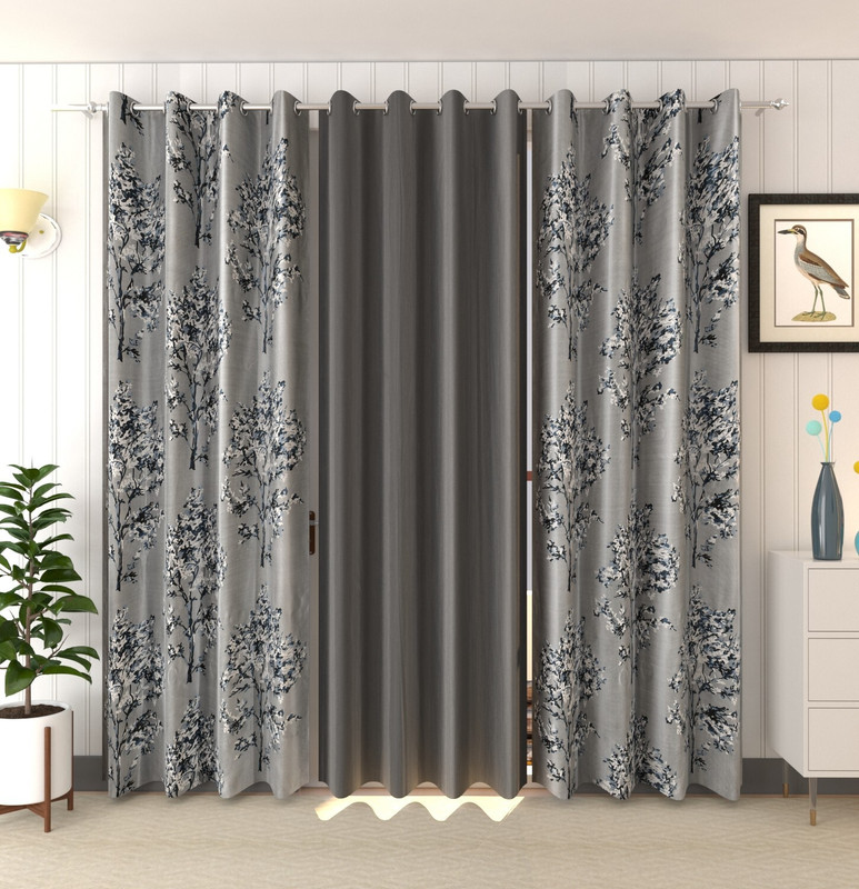Panipat Textile Hub 214 cm (7 ft) Door Polyester Semi Transparent Curtain (Pack Of 3)(Grey, Floral)