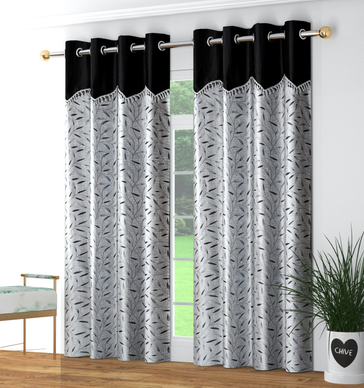 SKJ FURNISHINGS 213 cm (7 ft) Door Polyester Room Darkening Curtain (Pack Of 2)(Black colour Leaf print Design Curtain, Floral)
