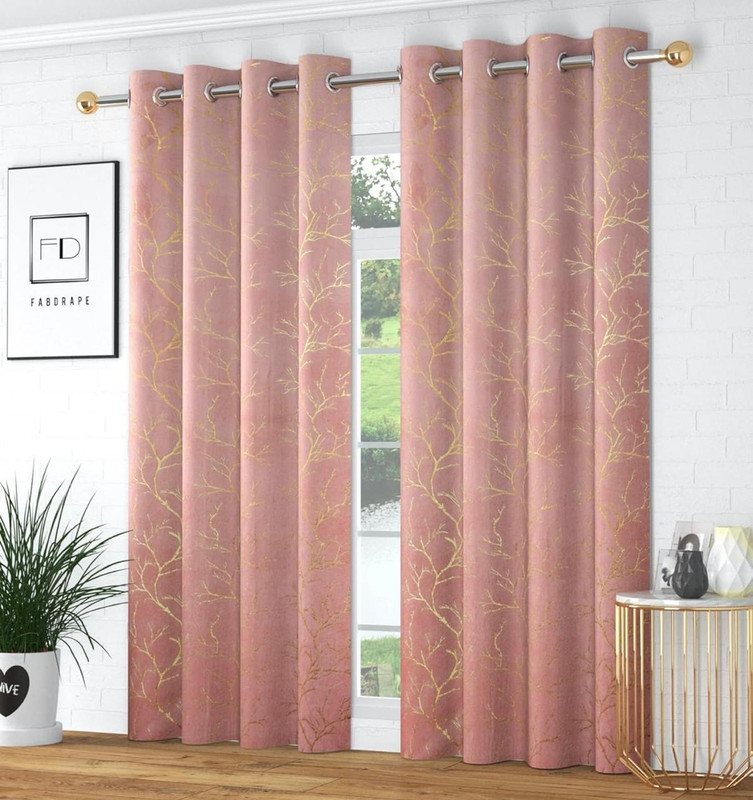 VIRIDIAN DECOR 213 cm (7 ft) Door Velvet Room Darkening Curtain (Pack Of 2)(Pink, Printed)