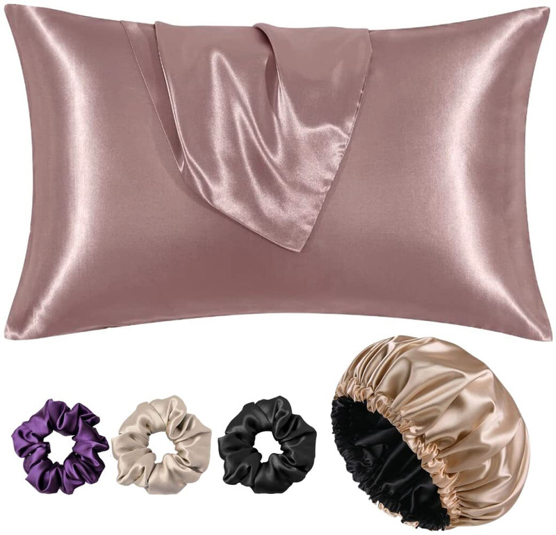 Attune Womens Satin Silk Bonnet with 2 Pillowcases & 3 Scrunchies Hair Cap for Sleeping
