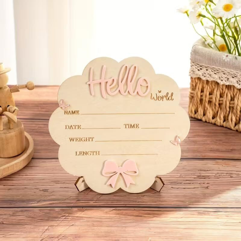 Haoser Floral Hello World Birth Announcement Board – MDF Newborn Photography Prop Wooden Cut-outs(1)