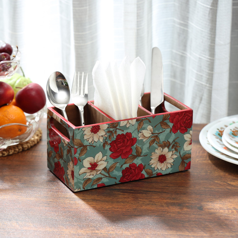 DULI Empty Cutlery Holder Case(3-Section Wooden Cutlery Holder for Dining Table Red Floral Design Spoon Stand  Holds 16 Pieces)