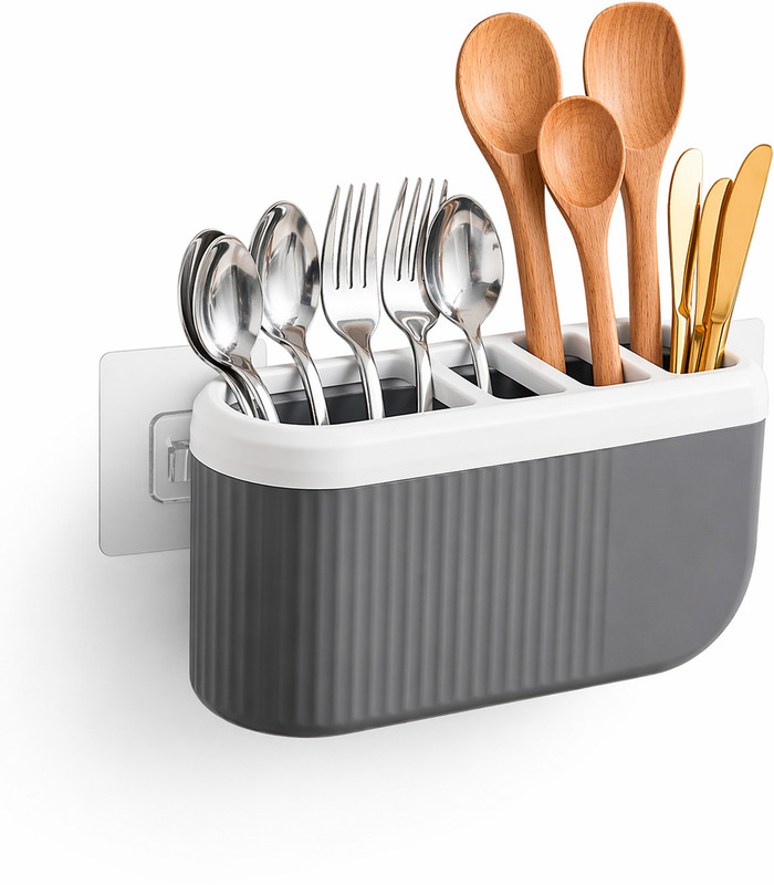 FULLSTAR BEST QUALITY KITCHEN APPLIANCES Empty Cutlery Holder Case(Wall Mounted Kitchen Organizer Rack with Drain & Multi CompartmentsGREY WHITE  Holds 45 Pieces)