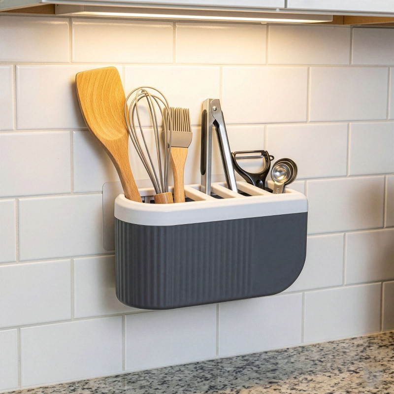 HAPPI Cutlery Kitchen Rack Plastic Self-Adhesive Wall-Mount Kitchen Cutlery Holder, Knife Stand Storage Organizer
