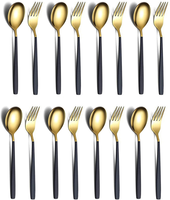 YELONA Mirror Finish Golden Cutlery,Flatware,Tableware (8 Master Spoons,8 Master Forks) Gold Plated, Stainless Steel Cutlery Set(Pack of 16)