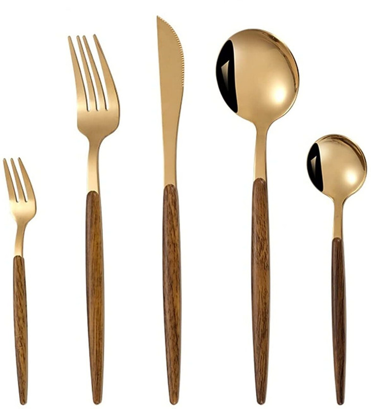 TOMATUS Stainless Steel Kitchen Silverware Set, Unique Wooden Design Handle Stainless Steel Cutlery Set(Pack of 5)