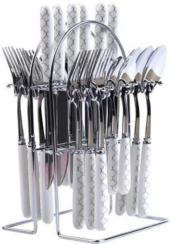 MGeezz Floral Pink Rose Ceramic Stainless Steel Spoons, Forks & Knives Cutlery Set Stainless Steel, Ceramic Cutlery Set(Pack of 24)