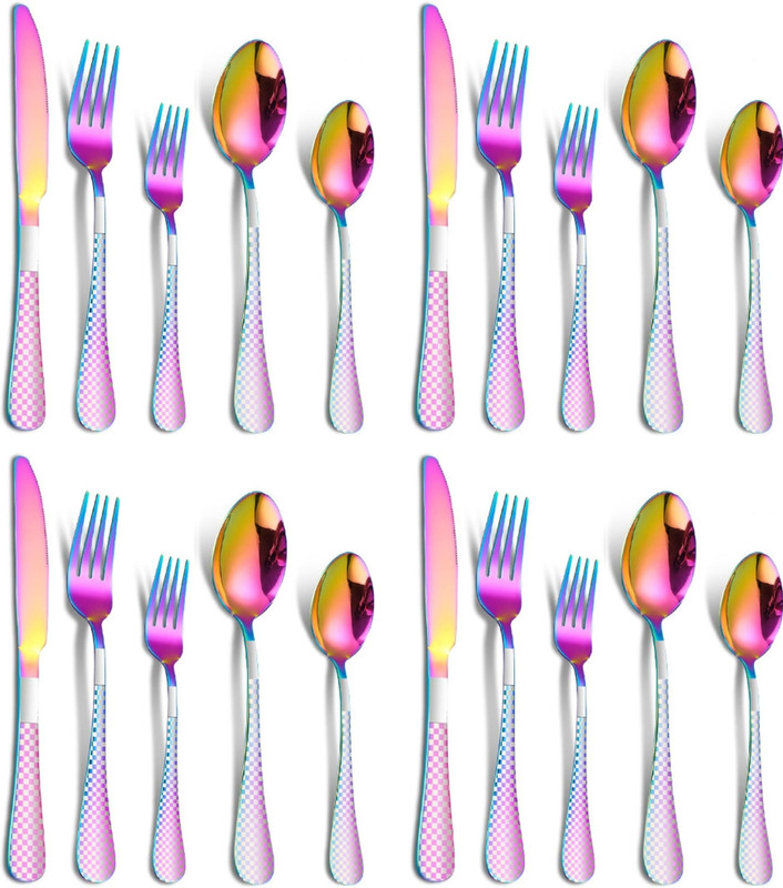 KitchAntique Rainbow Silverware Set | 20-Pcs Flatware With Unique Checks Print Handle Stainless Steel Cutlery Set(Pack of 20)