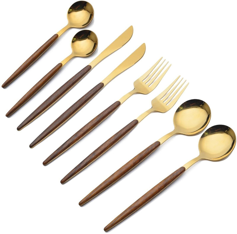 PERMAFROST Wood Golden Cutlery Set with Wooden Handle Tableware Sets Travel Utensils Set Stainless Steel Cutlery Set(Pack of 10)