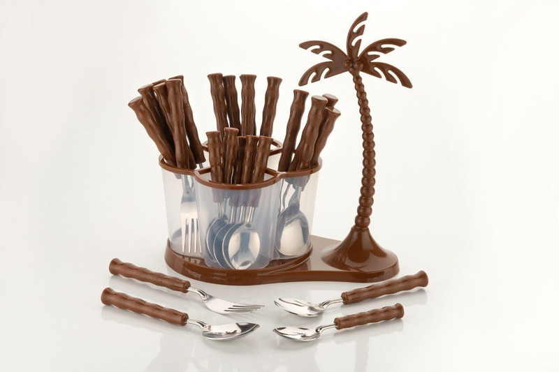 Lion Lender Customers 1st Choice 24 pcs Revolving Coconut Cutlery Set,Spoon Set With Stand(Brown) Stainless Steel, Plastic Cutlery Set(Pack of 24)