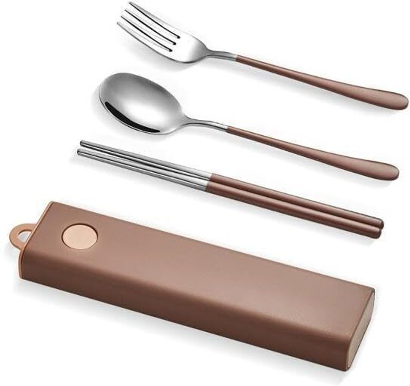 CherryBox Cutlery Set Spoon Fork & Chopstick Set with Sliding Storage Box Stainless Steel Cutlery Set(Pack of 5)