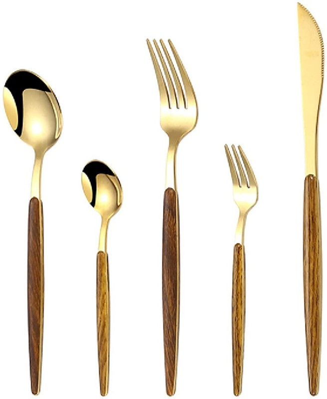olwick Stainless Steel Cutlery Spoon Steak Knife Fork Wooden Handle Simplistic Flatware Stainless Steel Cutlery Set(Pack of 5)