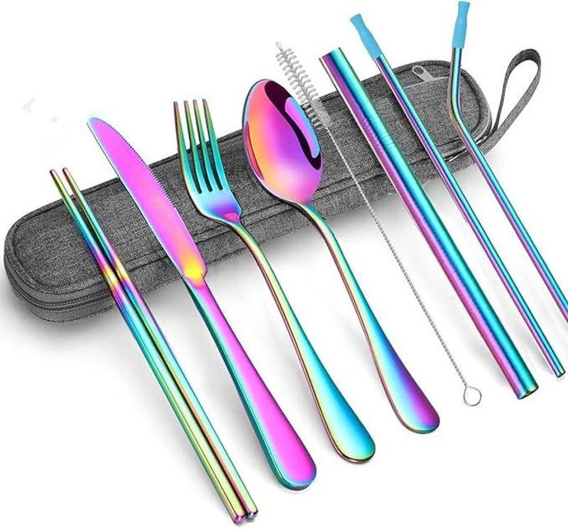 ZEQON Rainbow Cutlery Set of 5-Titanium Plated Stainless Steel Dinner Set Disposable Stainless Steel Cutlery Set(Pack of 1)