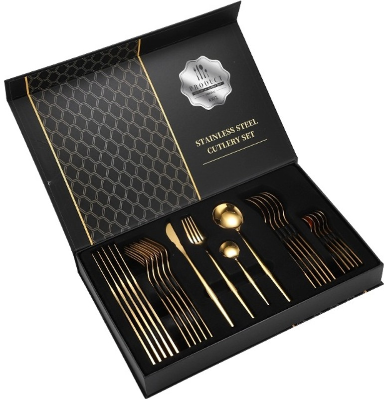 Iktu 24 Piece Steel Cutlery Set Mirror Polished Tableware Dishwasher Safe Gold Stainless Steel Cutlery Set(Pack of 24)