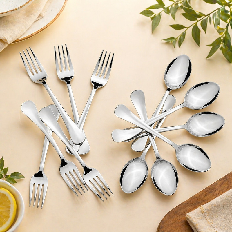 hanzia 6 Spoons + 6 Forks Cutlery Set | Mirror Finish Tableware for Dining Stainless Steel Cutlery Set(Pack of 12)