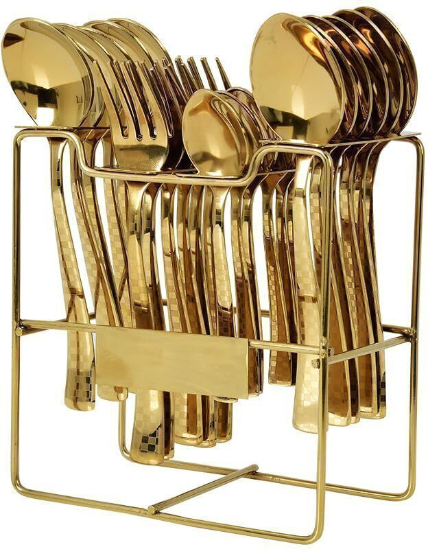 BLLUEX Premium 25-Piece Gold Stainless Steel Cutlery Set with Storage Stand Disposable Stainless Steel Cutlery Set(Pack of 25)