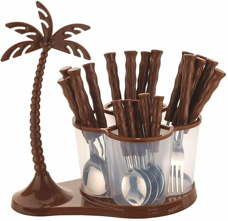 Primelife Antic Cutlery Set for Dining Table with Stand-24 Piece Stainless Steel with Plastic Cutlery Set- 6 Table Spoons, 6 Tea Spoons, 6 Forks, 6 Dessert Spoons - Brown Plastic Cutlery Set(Pack of 24)