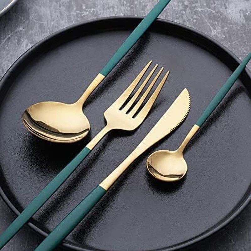 Dreamshop Daily Use Golden Blue Cutlery/Dinnerware/Flatware-1 Steak Knife/1 Fork/ Spoons Stainless Steel Cutlery Set(Pack of 4)