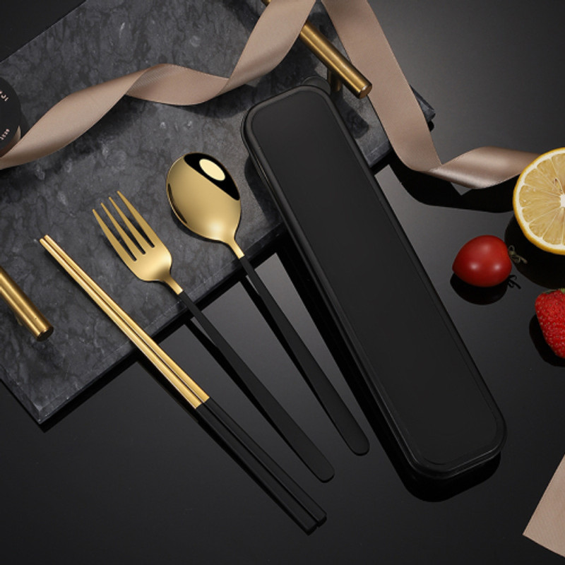 9Up Portable Golden Stainless Steel Premium Spoon, Fork & Chopsticks Stainless Steel Cutlery Set(Pack of 1)