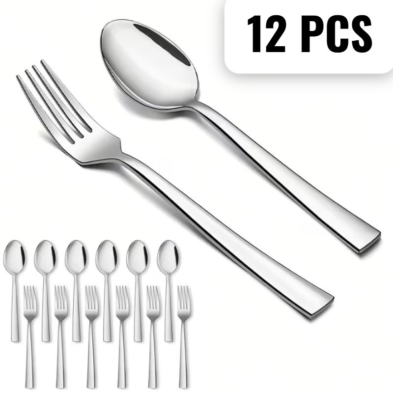 Haniza Stainless Steel Table Spoon & Fork Set – 12 Pieces (6 Spoons + 6 Forks) Disposable Stainless Steel Cutlery Set(Pack of 12)