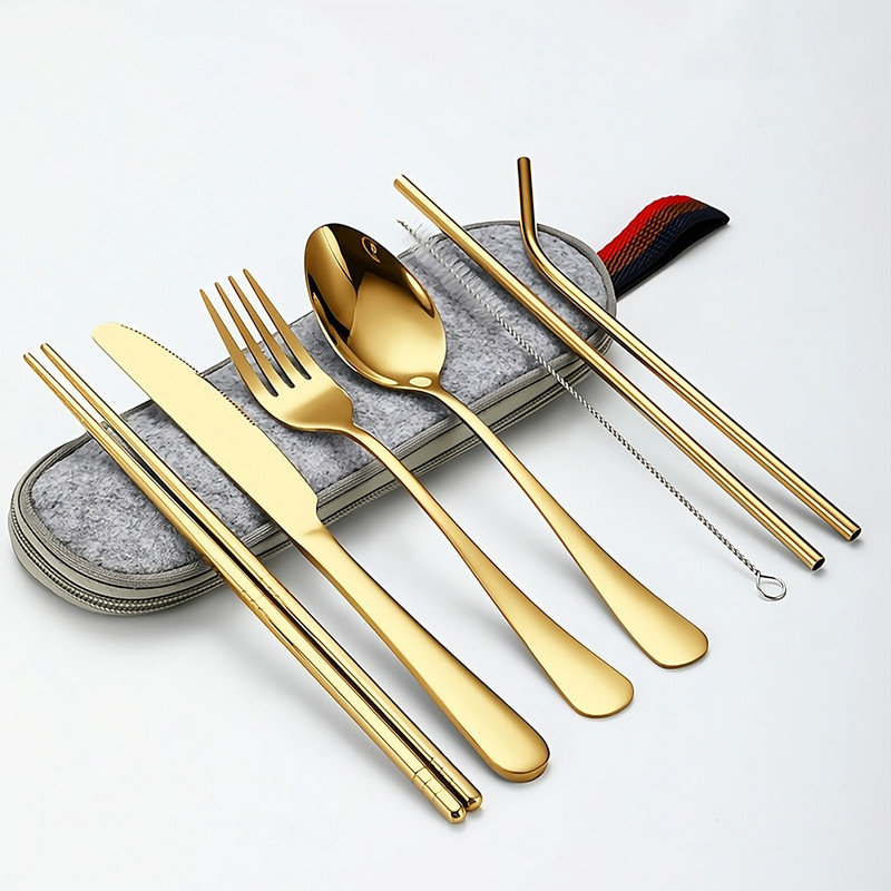 BONZEAL Stainless Steel Portable Travel Flatware Gold Cutlery Set with Zipper Pouch Stainless Steel Cutlery Set(Pack of 8)