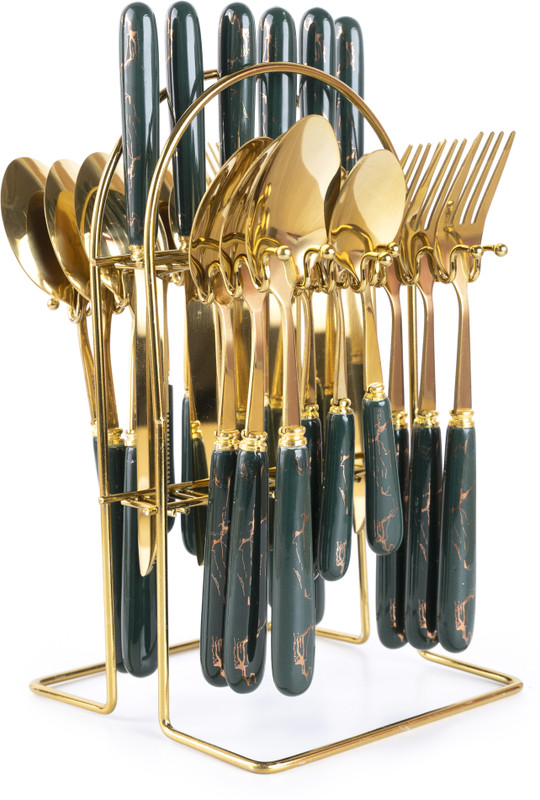 MGeezz Forest Green Ceramic Golden Stainless Steel Spoon, Forks & Knives Cutlery Sets Stainless Steel, Ceramic Cutlery Set(Pack of 24)