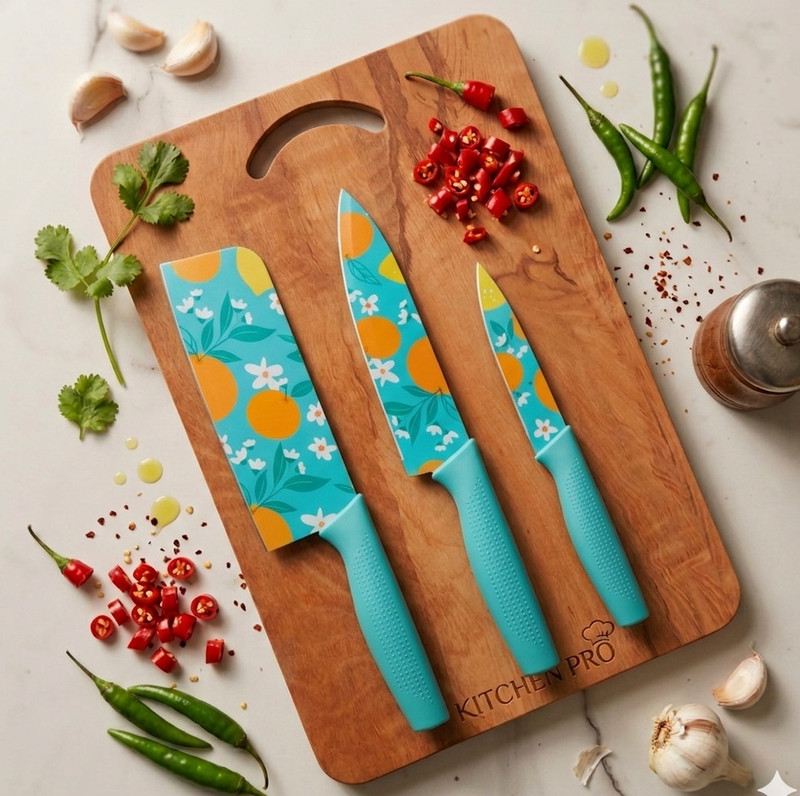 Fun Wooden Chopping Board With 3 Pic Knife Set Stainless Steel Wooden Cutting Board(Brown Pack of 4 Dishwasher Safe)