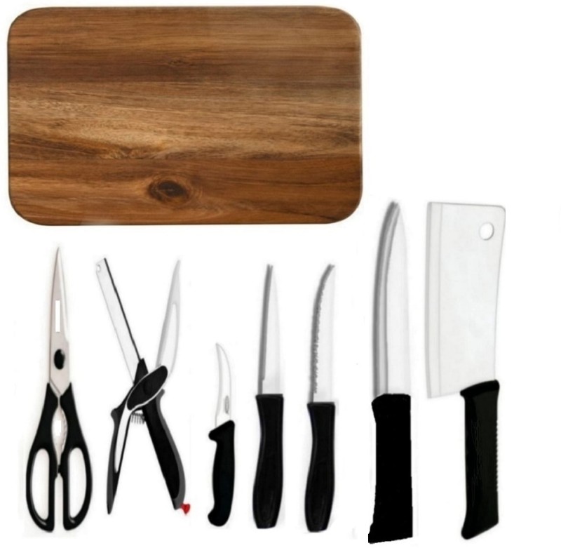 DNJ Wooden Chopping Board with Knife Set & Scissor, Clever Cutter (BONE,CHEF,PARING) Wooden Cutting Board(Multicolor Pack of 8 Dishwasher Safe)