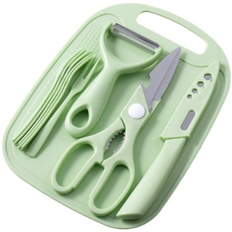 AlexVyan 1 Knife Set, 1 Scissors, 5 Pcs Fogs, 1 Chopping Board, 1 Peeler Plastic Cutting Board(Green Dishwasher Safe)
