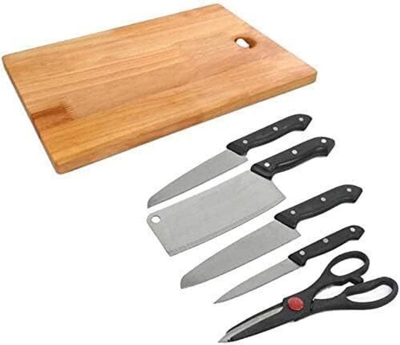 DNJ 5 Pcs stainless steel black coated knife set , Scissor with Cutting Board Wooden Cutting Board(Black, Brown Pack of 5 Dishwasher Safe)