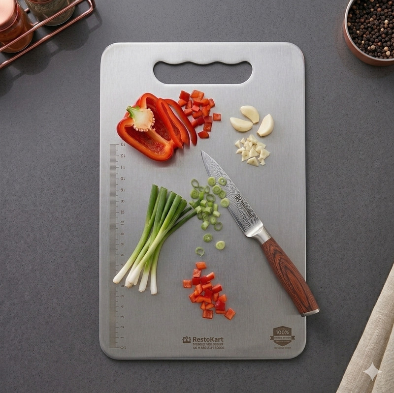 RESTOKART 304 Steel Chopping Board-Medium(35*25CM)|Antiskid Based steel cutting board| Stainless Steel Cutting Board(Silver Pack of 1 Dishwasher Safe)