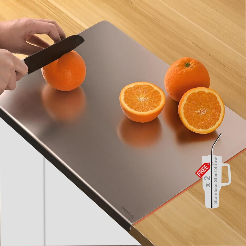 Herrlich Homes StainlessPro 304 Dual-Sided Chopping Board with Lip & Free Steel Straws 35x 30cm Stainless Steel Cutting Board(Silver Pack of 1 Dishwasher Safe)