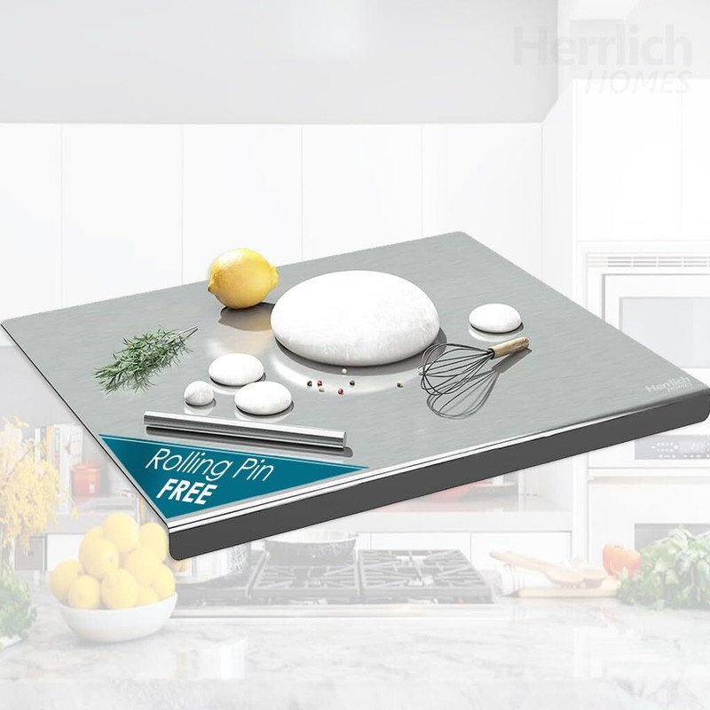 NORVIUM Stainless Steel Counter Top Chopping Board with Rolling Pin Stainless Steel Cutting Board(Steel Dishwasher Safe)