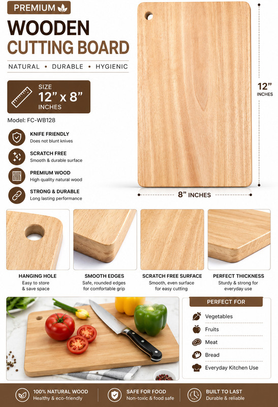Laxury Forest Premium Wooden Cutting Board 12x8 Inch | Durable Kitchen Chopping Board Wooden Cutting Board(Brown Pack of 1 Dishwasher Safe)