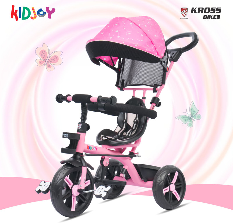 kidjoy EX-1 Kids Tricycle with Parental Handle, Foldable Canopy,Safety Belt & Basket 10 T (inch) Balance Bike(Single Speed, Pink, Rigid)