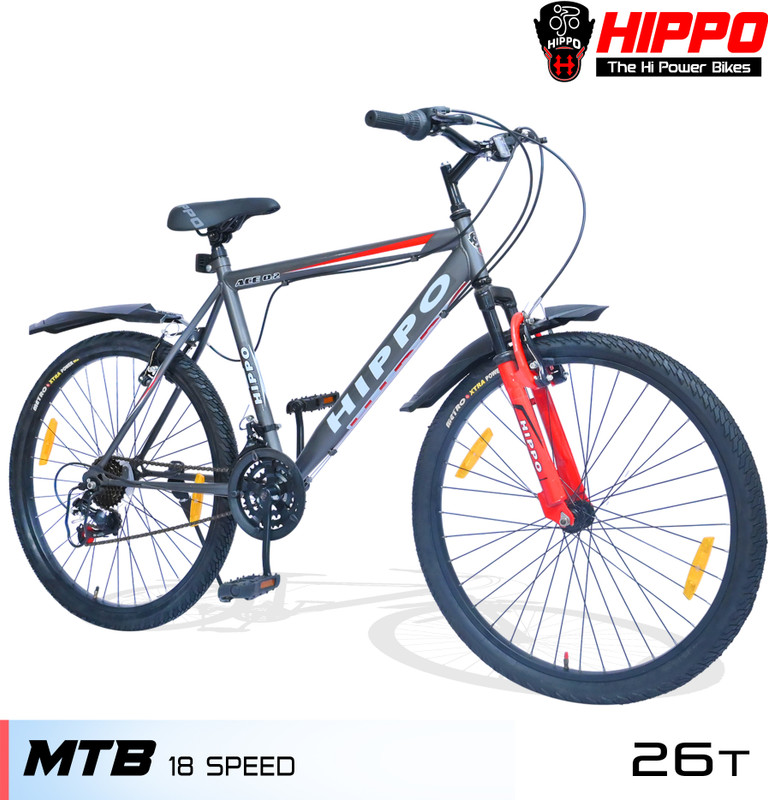 HippoBikes ACE 0.2 Multi Speed Shimano Equipped Geared Front Suspension Power Steel Rim 26 T (inch) Mountain Cycle(18 Gear, Grey, Only Front Suspension)
