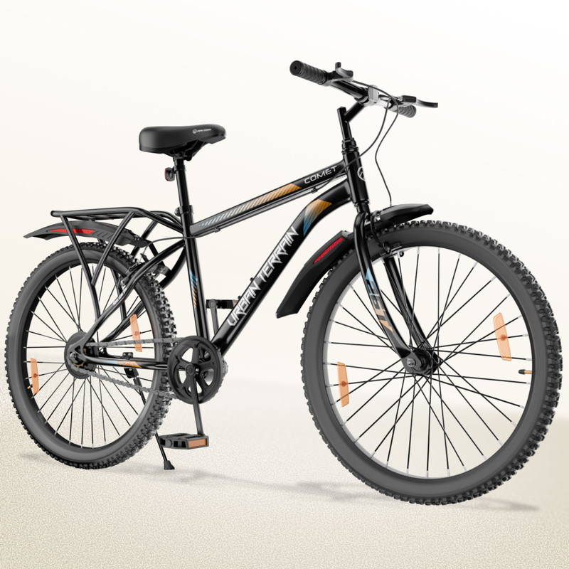 Urban Terrain Comet 26T Steel Single Speed Mountain Cycle with Inbuilt Carrier Black 26 T (inch) Road Cycle(Single Speed, Black, Rigid)