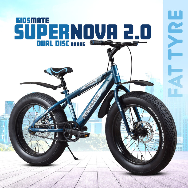 Kidsmate Supernva 2.0 Semi Fat Tire Cycle for Kids (7–10 Yrs) Dual Disc Brake,Rigid Fork 20 T (inch) Road Cycle(Single Speed, Blue, Rigid)