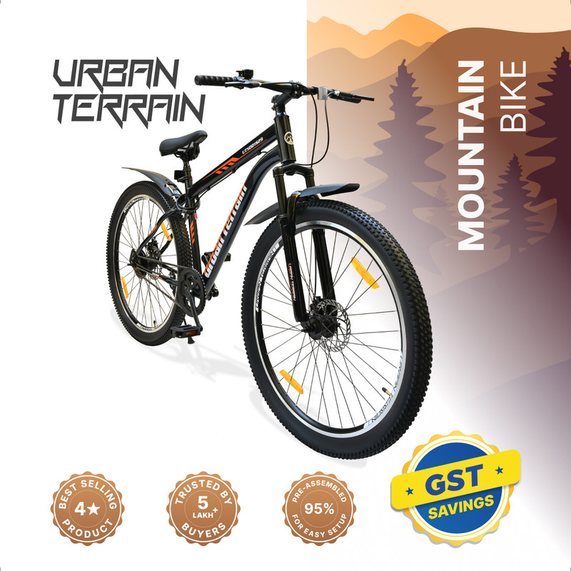 Urban Terrain Bolt Cycles 26T for Men Comes with Dual Disc Brake,Bell & Lock MTB UT5001S26ACC 26 T (inch) Road Cycle(Single Speed, Black, Orange, Only Front Suspension)